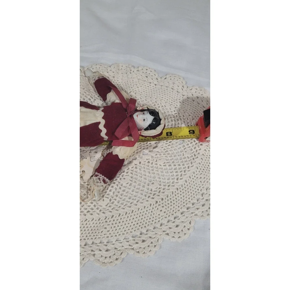 Vintage Porcelain Doll Red Velvet Dress Soft Body Ornament Hanging Loop 7.5 in